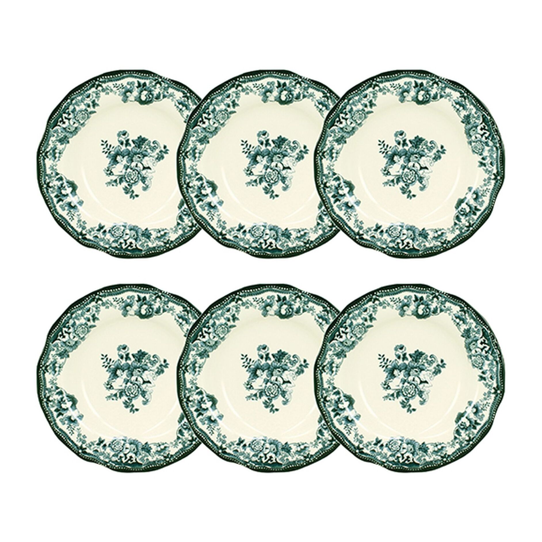 Lot de 6 assiettes creuses fleuries en grès vert 22cm FAUSTINE