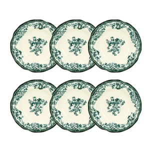 Lot de 6 assiettes creuses fleuries en grès vert 22cm FAUSTINE