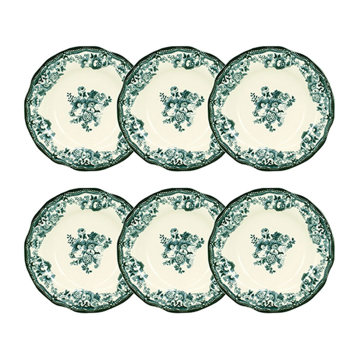 Lot de 6 assiettes creuses fleuries en grès vert 22cm FAUSTINE
