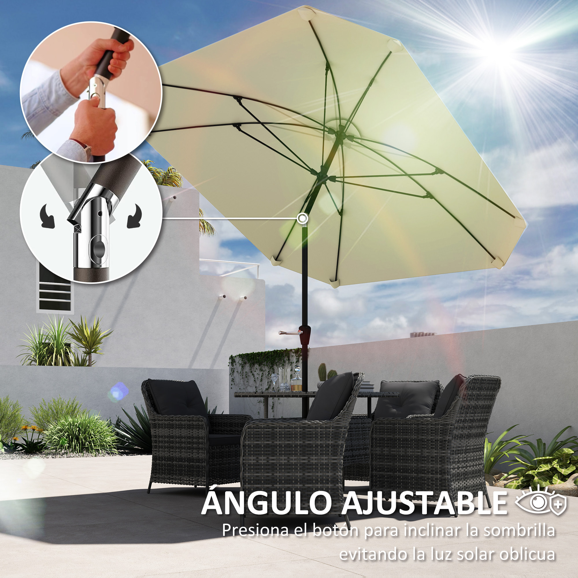 Sombrilla Terraza Exterior 233x233 cm Sombrilla de Jardín con Ángulo Ajustable Impermeable Poste de Aluminio Varillas de Fibra de Vidrio y Manivela Parasol para Patio Terraza Crema