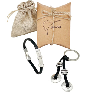 Conjunto llavero y pulsera en cuero negro Tub2