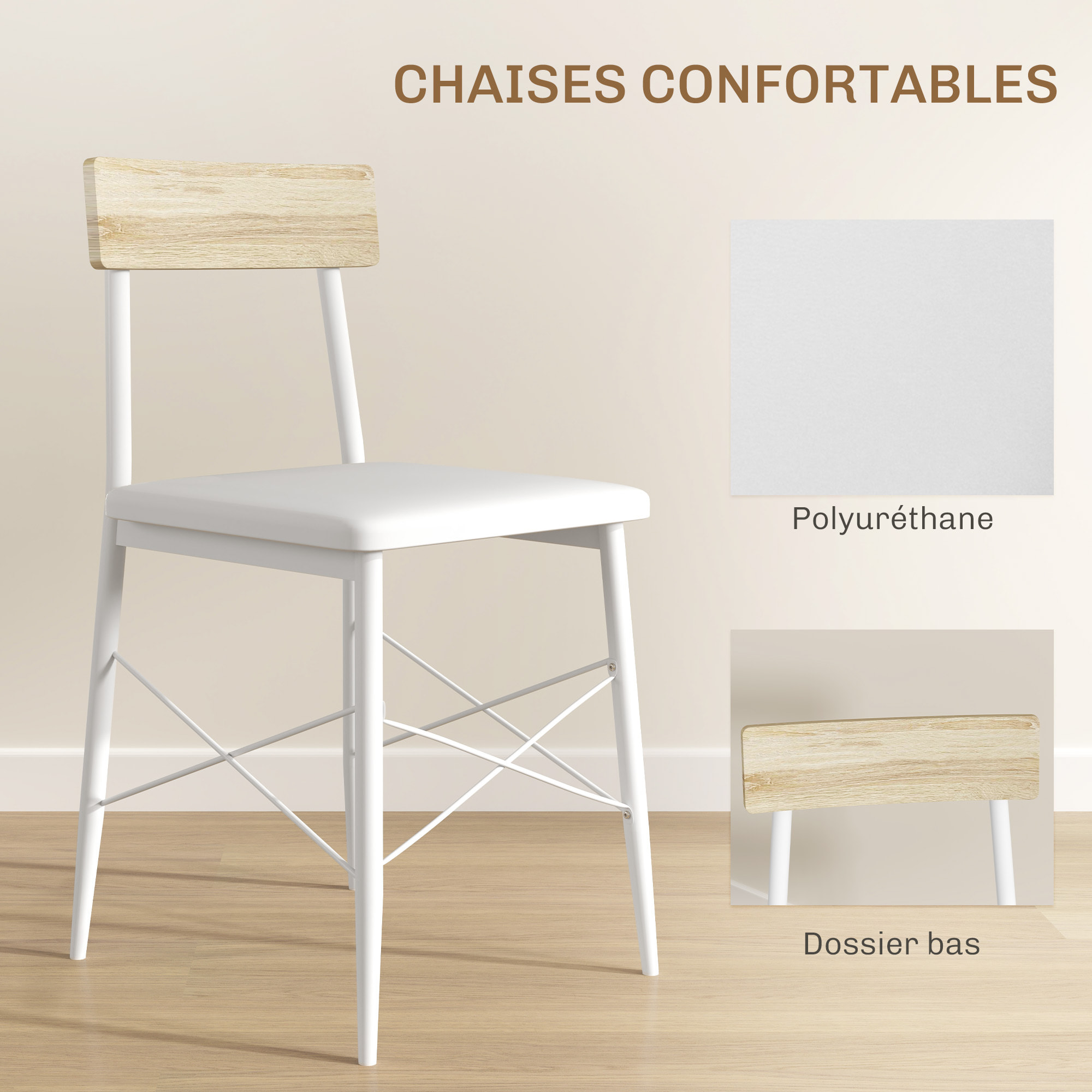 Ensemble table à manger 2 chaises style contemporain cosy - étagère - acier PU blanc aspect bois clair