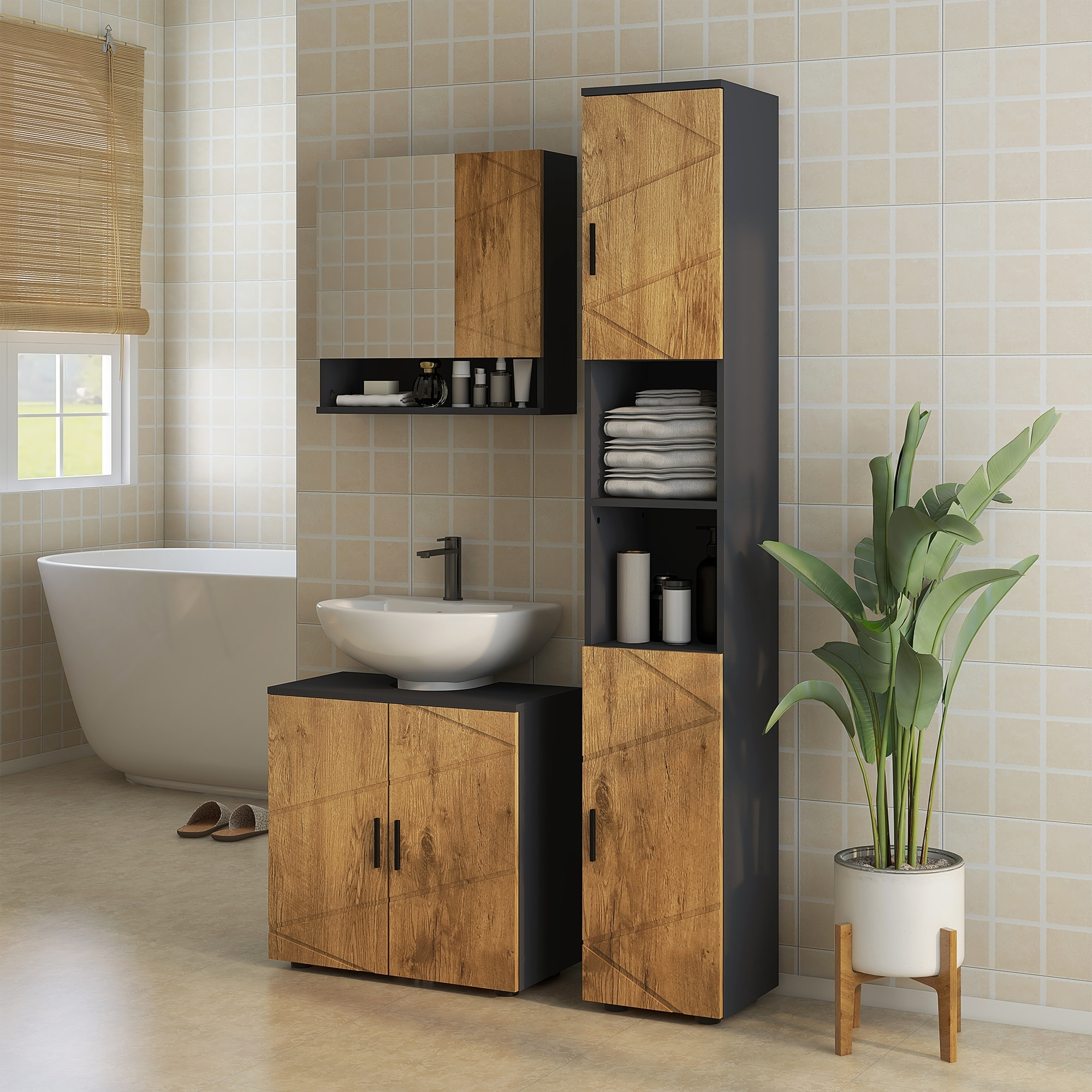 Meuble colonne rangement salle de bain style cosy 2 portes 2 étagères 2 niches anthracite aspect bois