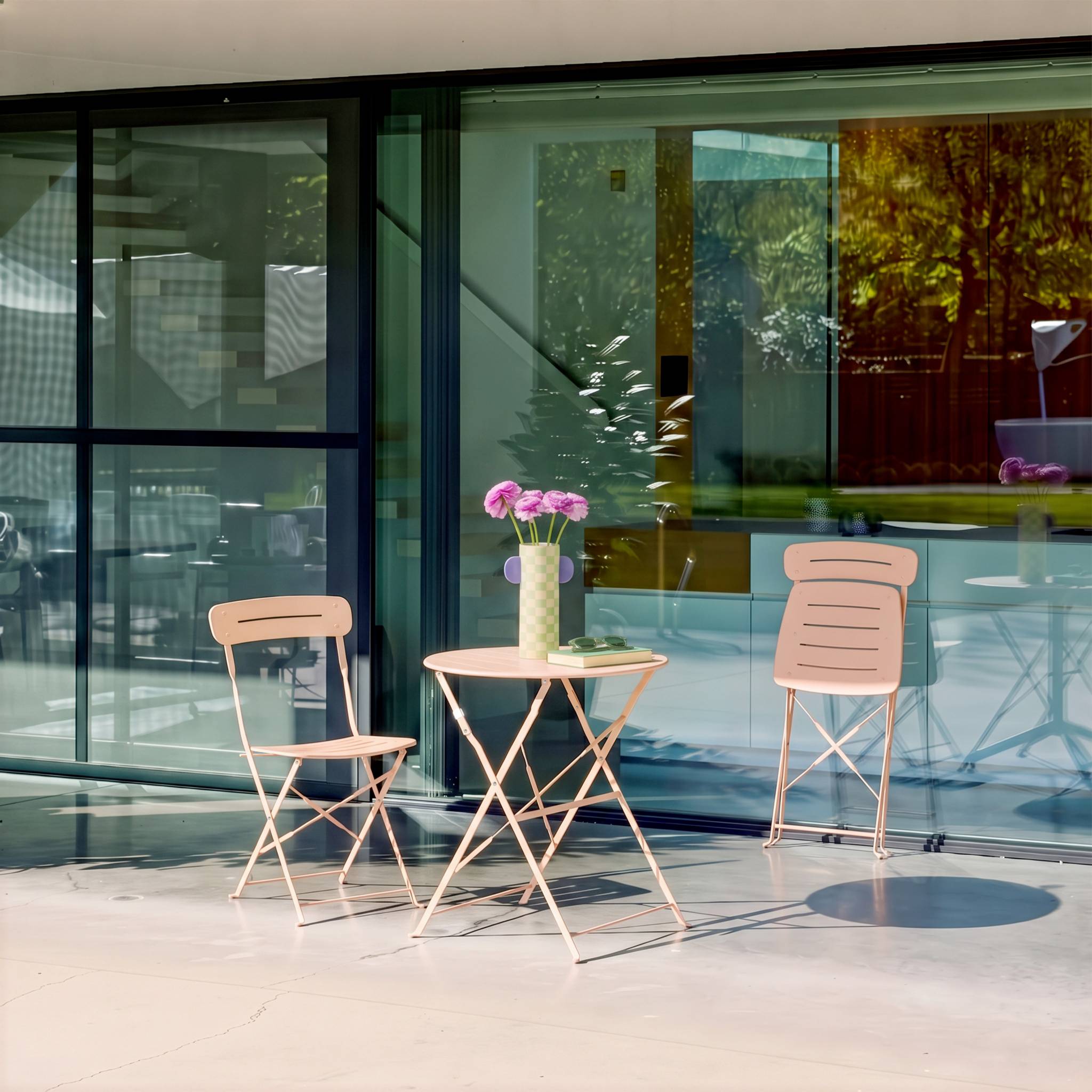 Table de jardin bistrot pliante ronde acier + 2 assises BALCONEA