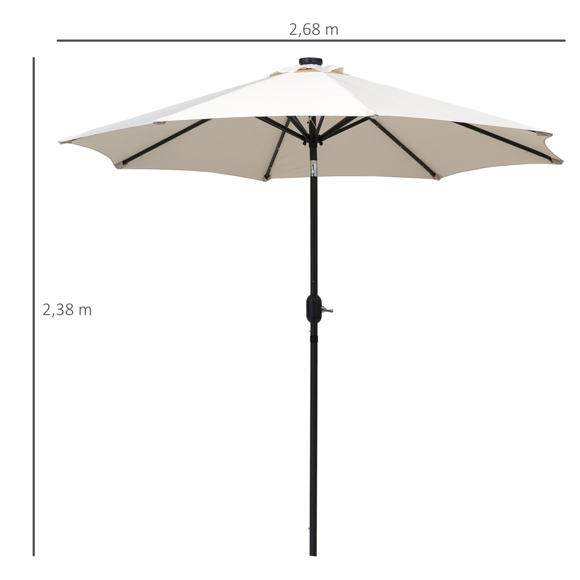 Sombrilla de Jardín Ø268x238 cm Parasol de Terraza con 24 Luces LED Solar Mecanismo de Inclinación Manivela y Poste Desmontable de Metal para Piscina Patio Crema