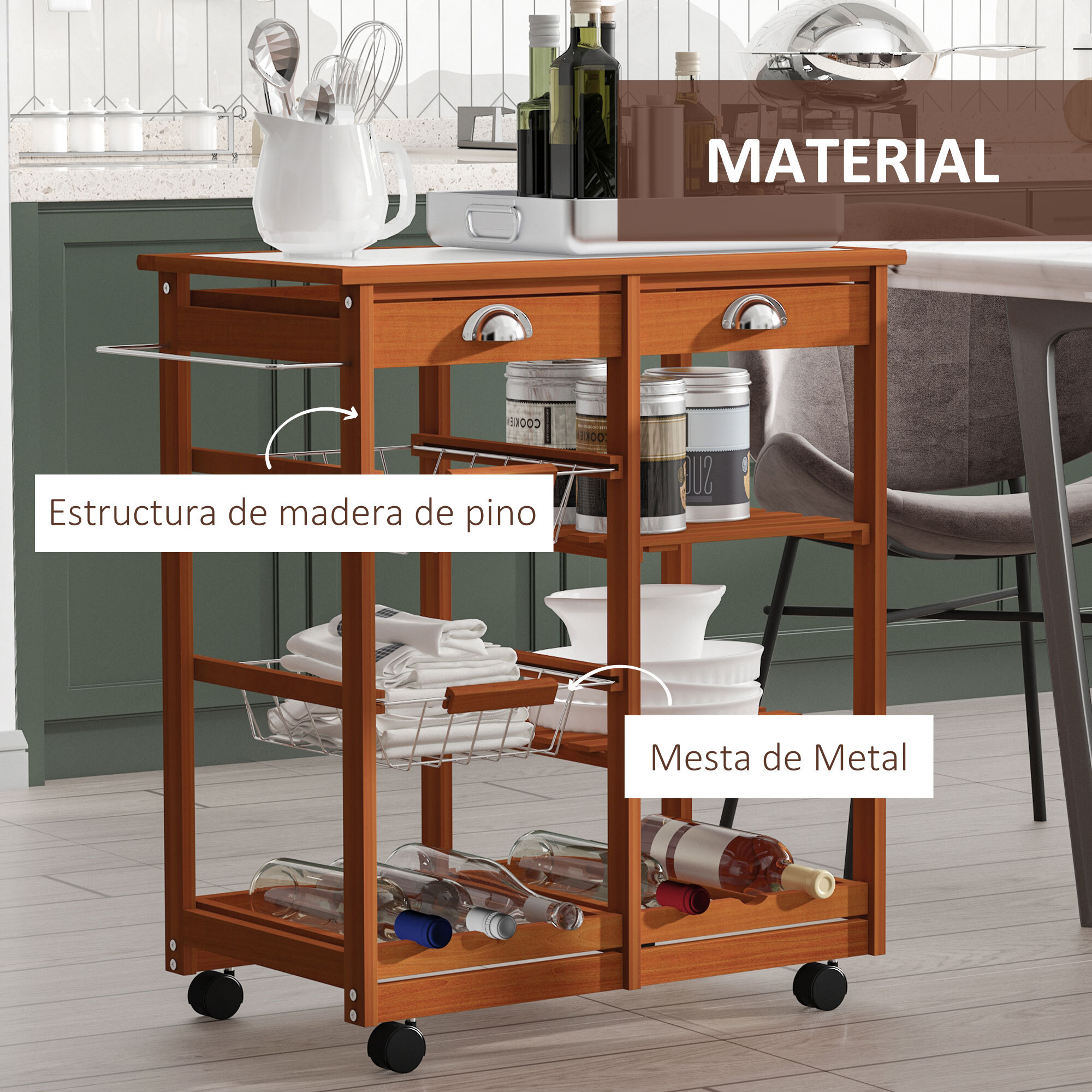 Carrito Cocina Servicio Auxiliar Madera Metal Cromado Ruedas Cajon Botellero