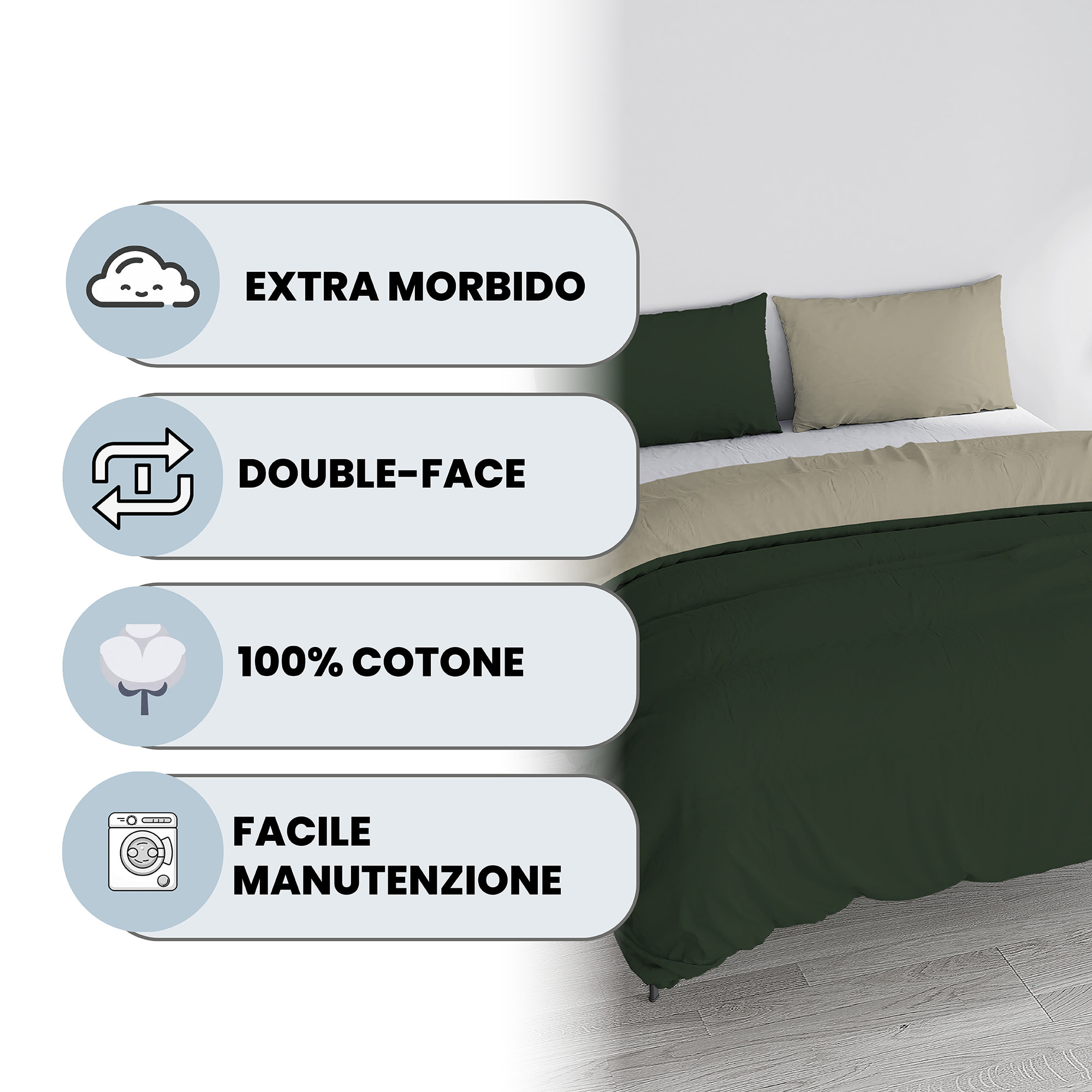 PARURE COPRIPIUMINO NATURAL COLOR, 100% Cotone, Made in Italy - VERDE OLIVA/TORTORA