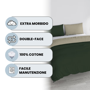 PARURE COPRIPIUMINO NATURAL COLOR, 100% Cotone, Made in Italy - VERDE OLIVA/TORTORA