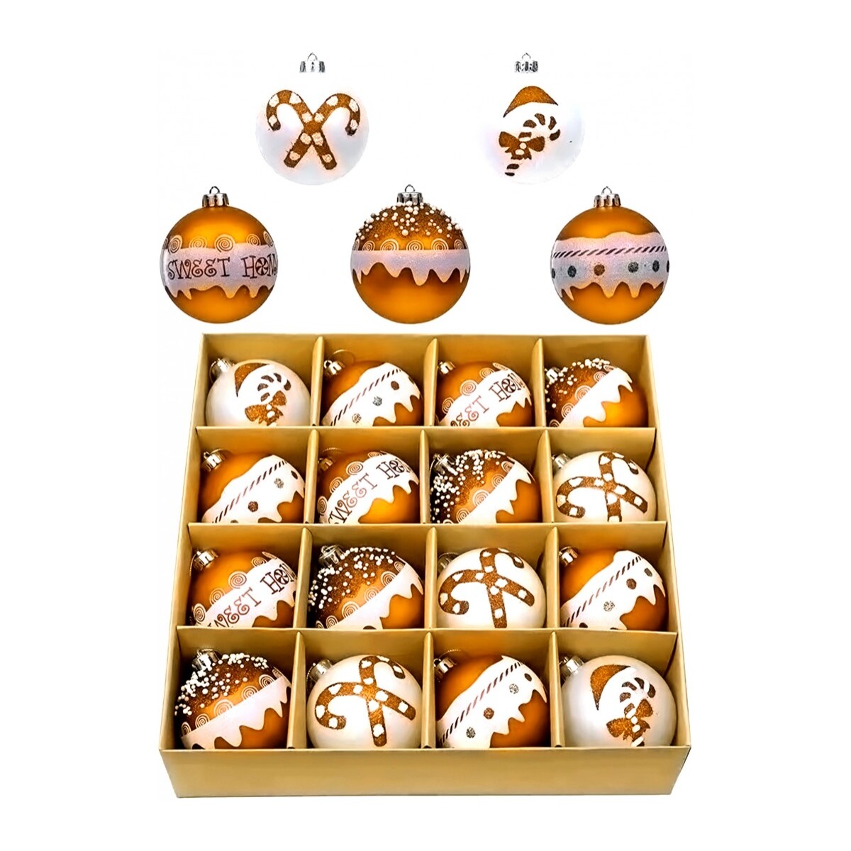 Coffret de 16 boules de noël fantaisie - or