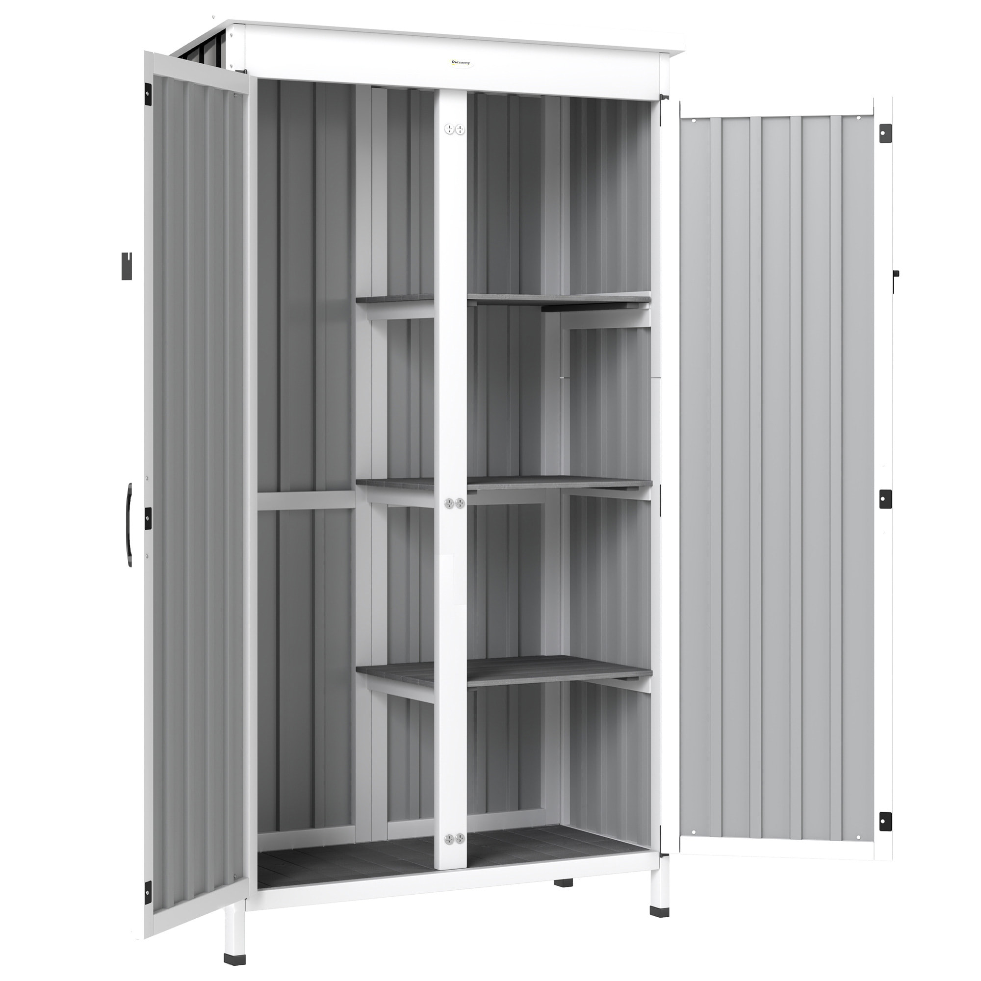 Armoire de jardin sur pieds 3 étagères bois tôle acier ondulé noir blanc