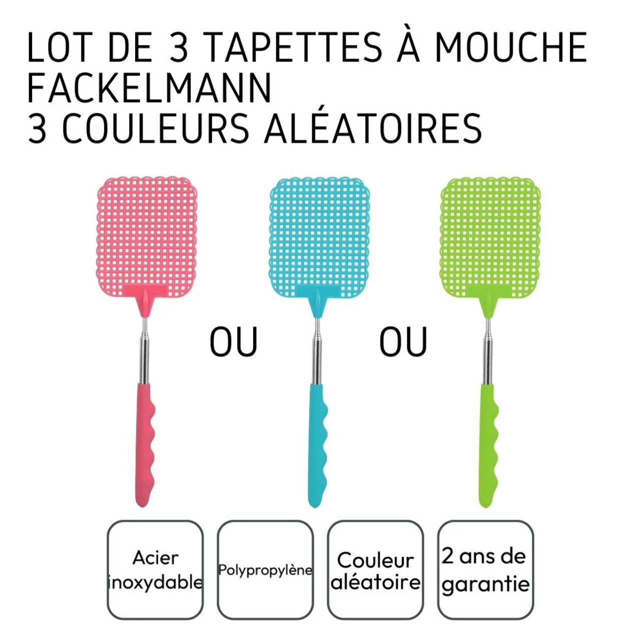 Lot de 3 tapettes à mouche avec manche télescopique Fackelmann Tecno