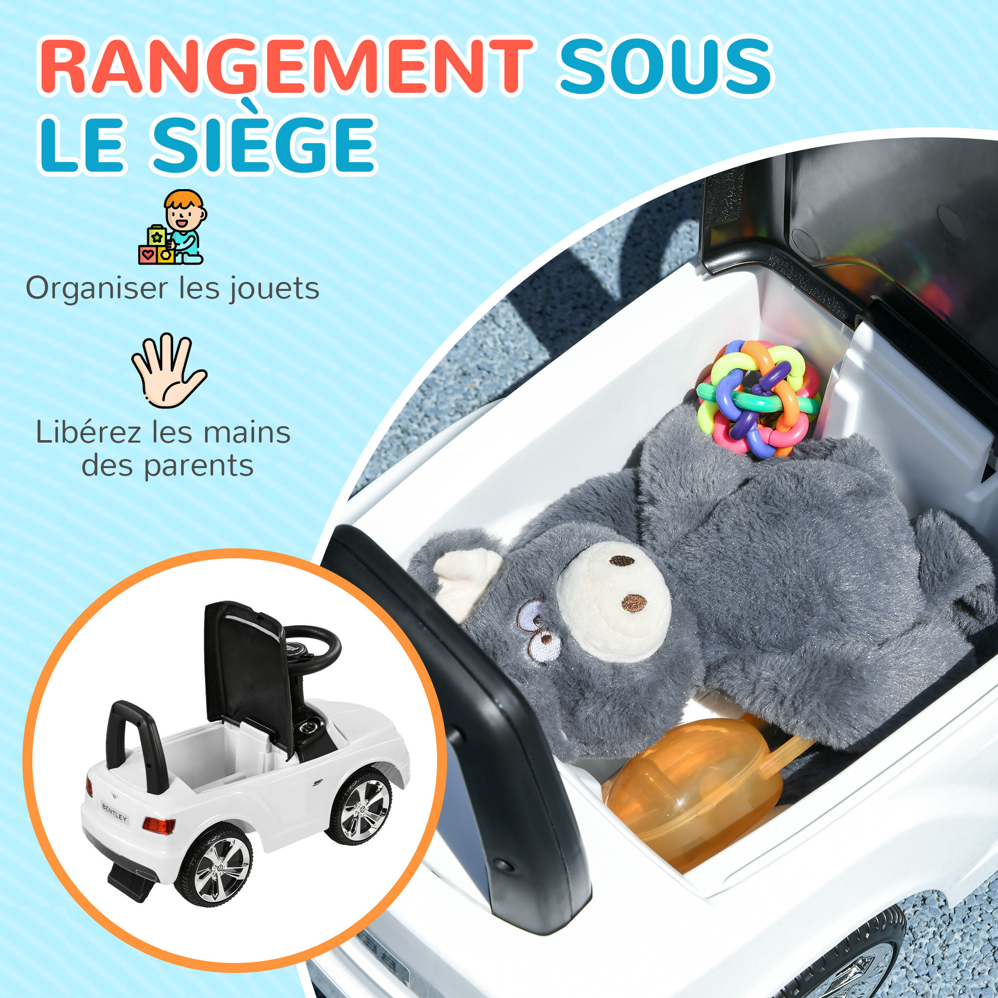 Porteur trotteur enfants voiture licence Bentley Bentayga 18-36 mois coffre - klaxon - 67 x 29 x 39 cm blanc