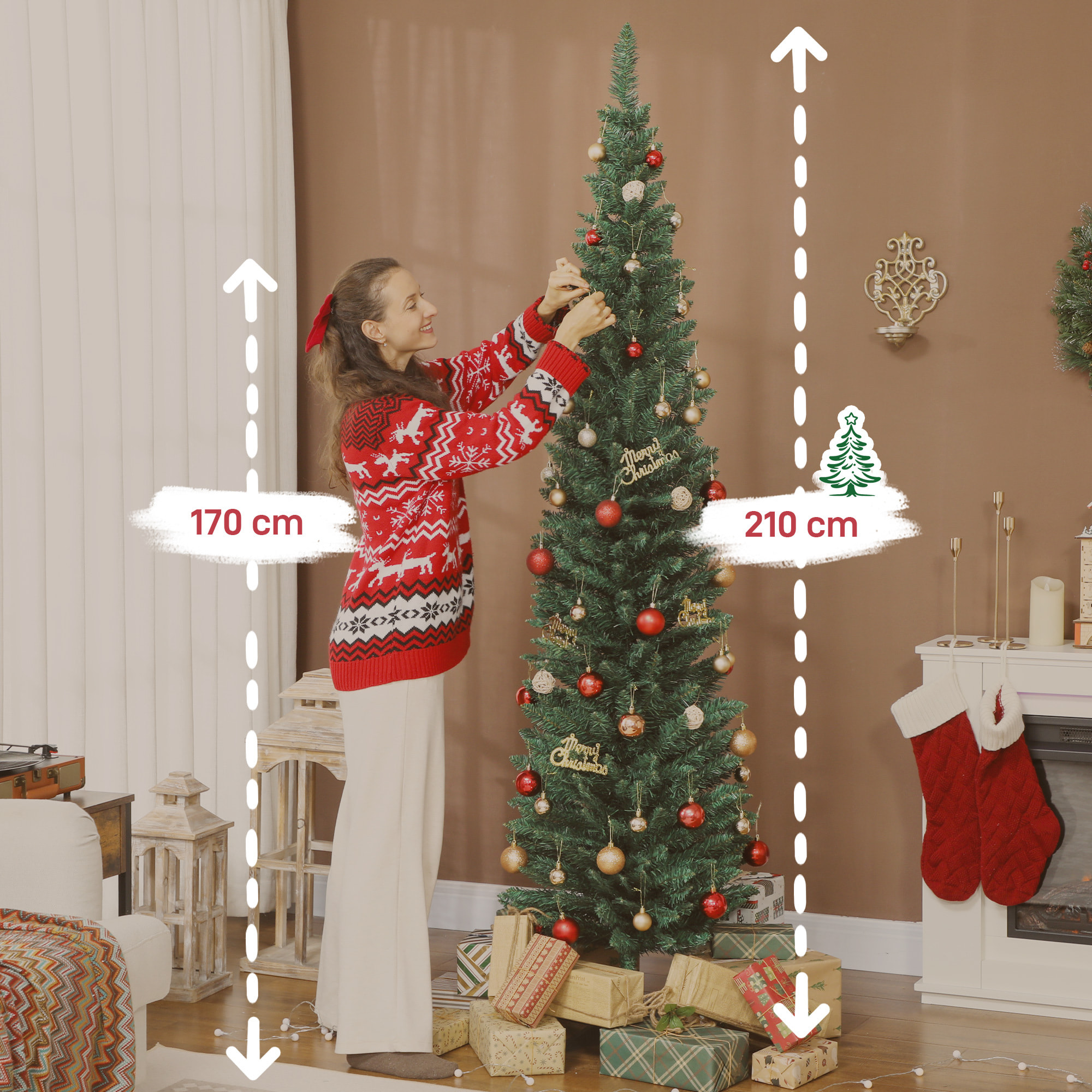 Árbol de Navidad Estrecho 210 cm, Árbol de Navidad Artificial con 401 Ramas, Soporte Metálico, Fácil de Montar, Decoración para Interior, Hogar, Oficina, Verde
