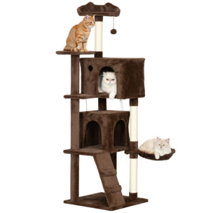 Árbol Rascador para Gatos, Árbol para Gatos 160 cm, Torre Escalador con Múltiples Plataformas, Cama, 2 Cuevas, Hamaca, Escalera, Postes de Sisal, Bolas para Jugar, Marrón