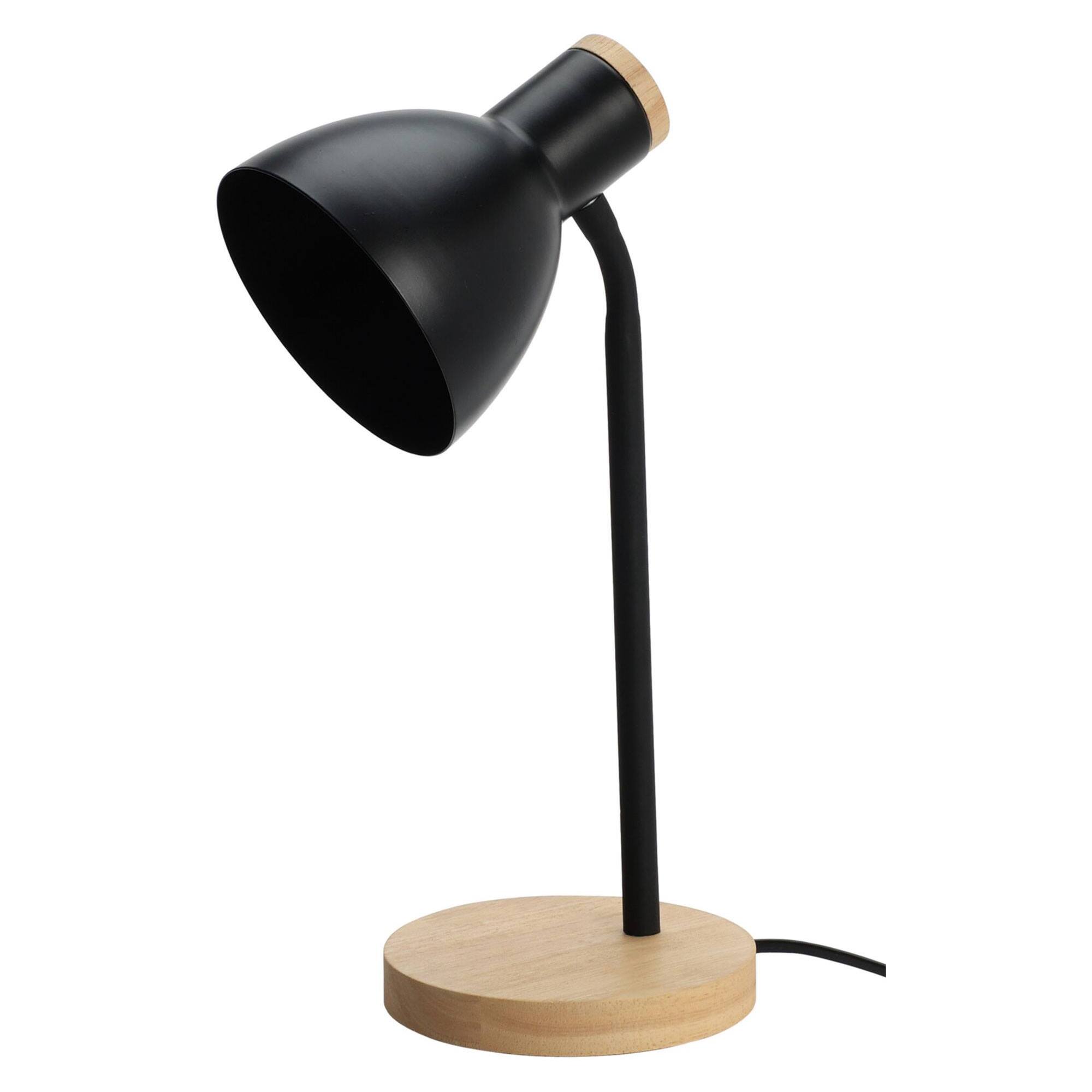 Lámpara de mesa Negra de metal 14x36cm con base de madera natural con casquillo E14