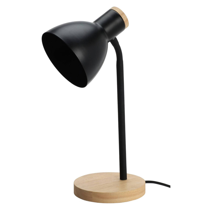Lámpara de mesa Negra de metal 14x36cm con base de madera natural con casquillo E14