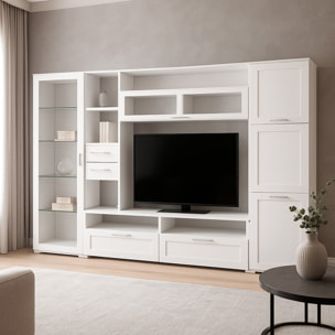 Parete Attrezzata Soggiorno Con Vetrina 6 Ante Battenti E 3 Ribalte Ampio Mobile Porta TV Con Ripiani Design Moderno Living 300 x 50 x 215 Cm Bianco