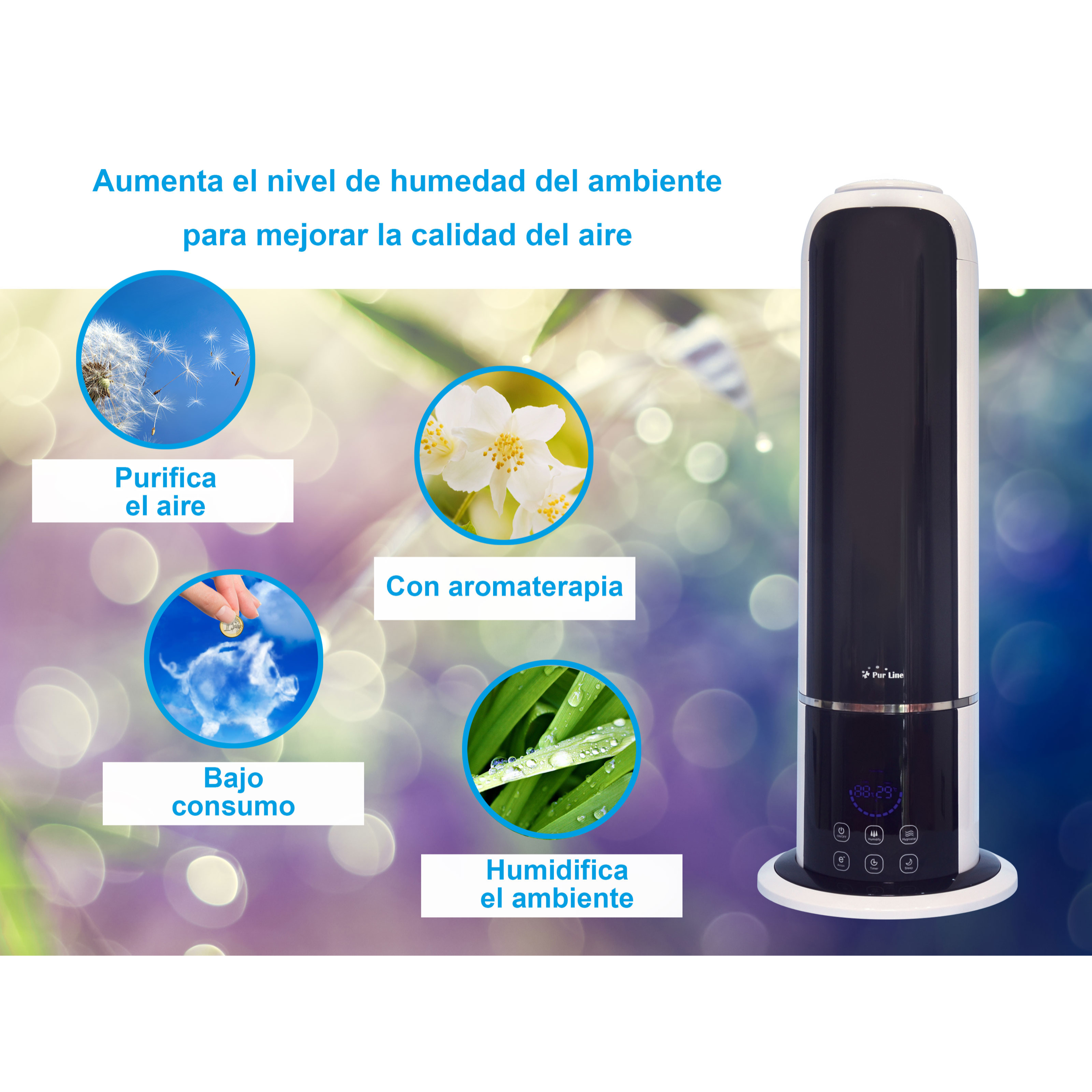 Humidificateur en tour à ultrasons vapeur chaude ou tiède pour 35 m²