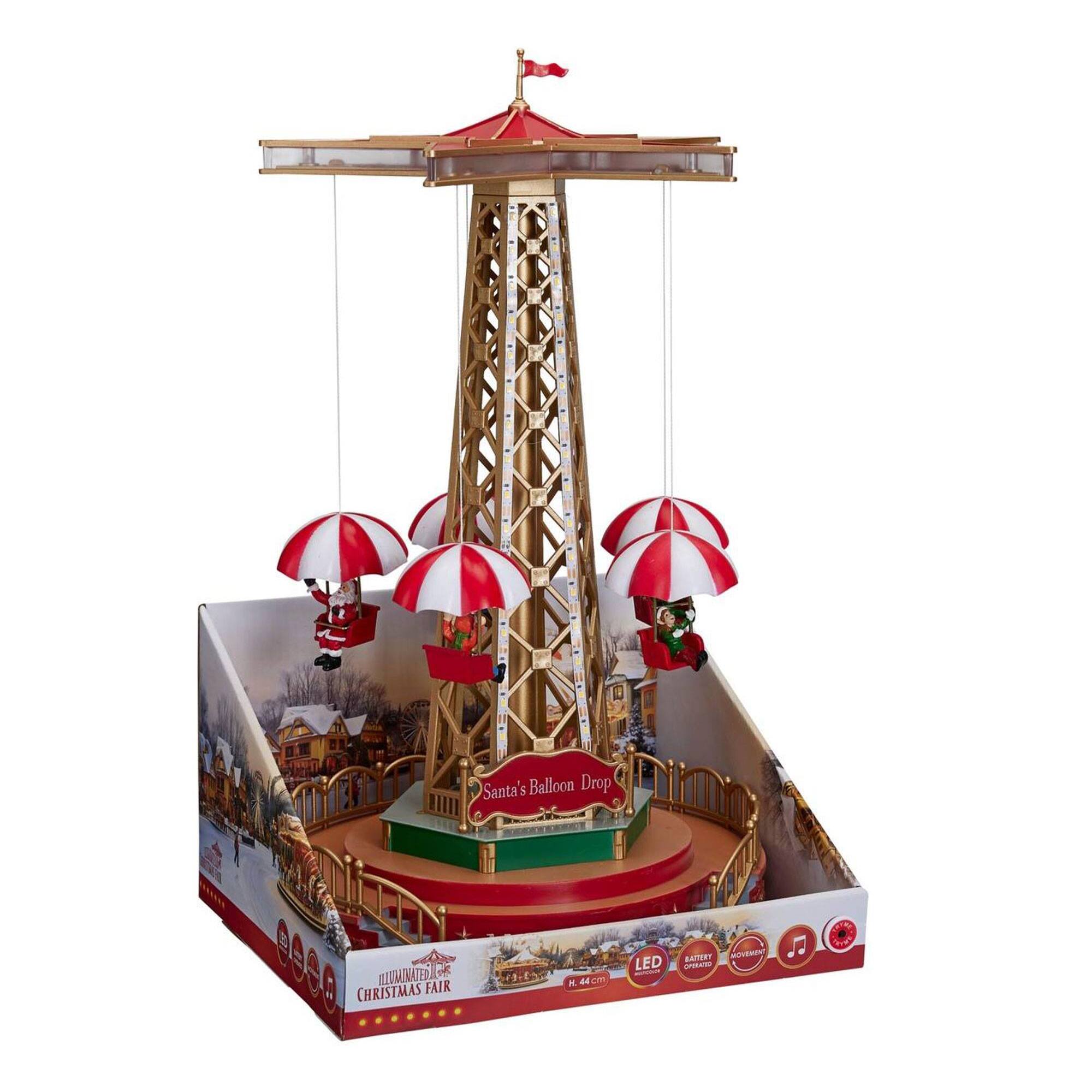 Carrusel navideño papá noel con globos, movimiento giratorio, música y luces led, funciona con pilas, decoración de navidad 24,5x24,5x44,5cm