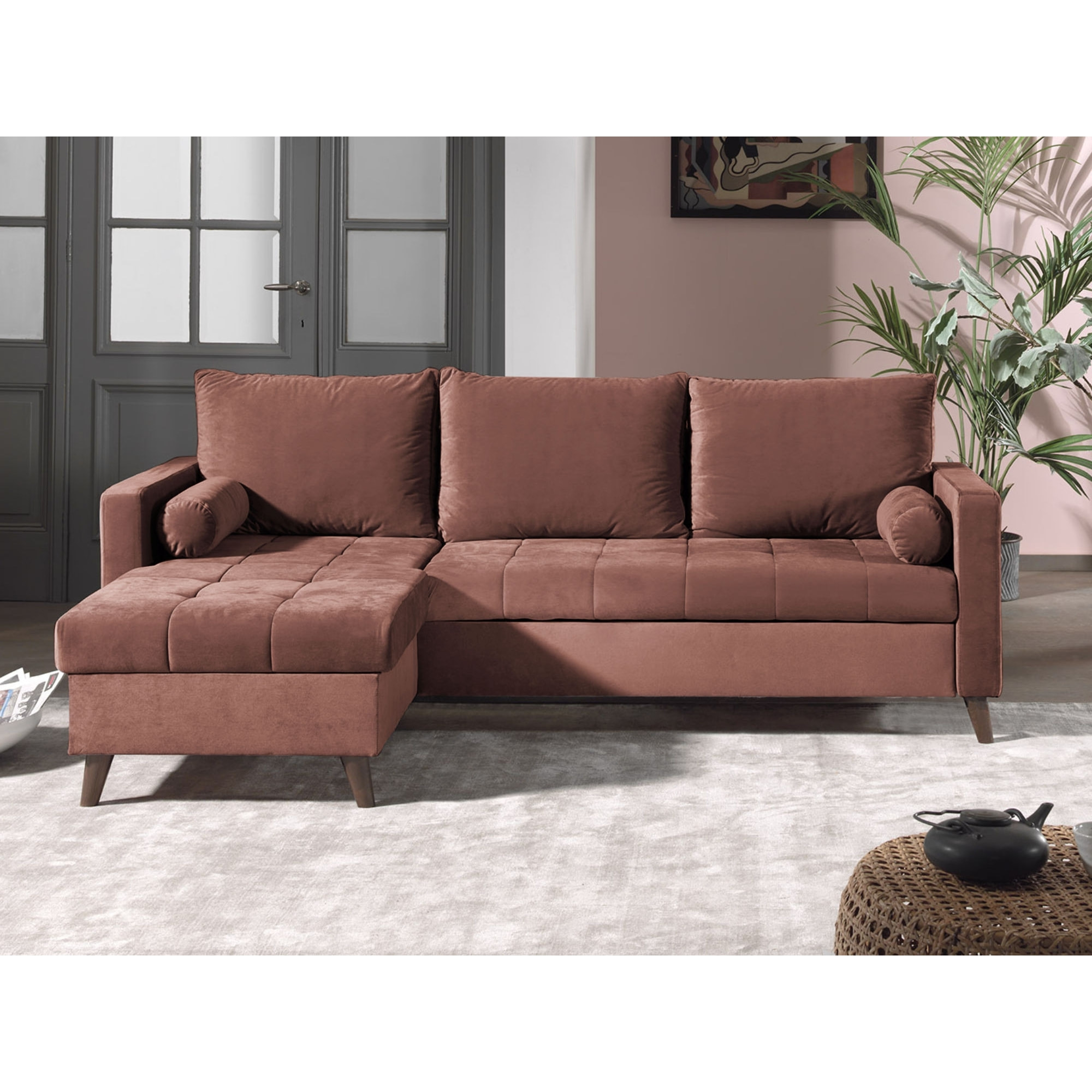 POLAR - Canapé d'angle réversible convertible - en velours au design scandinave - 4 places - Rose