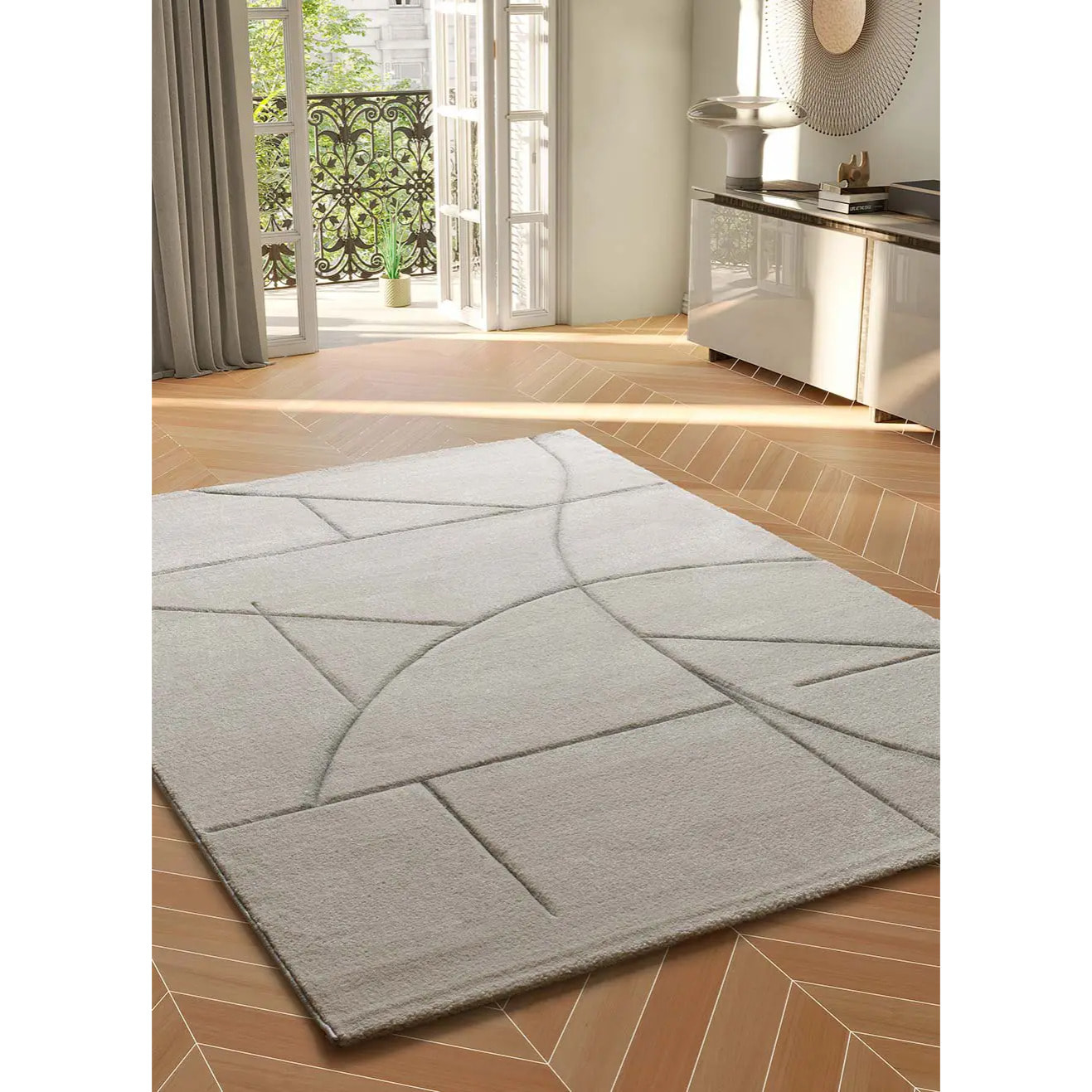 LENA Alfombra geométrica con lí­neas en tonos crema, varias medidas disponibles