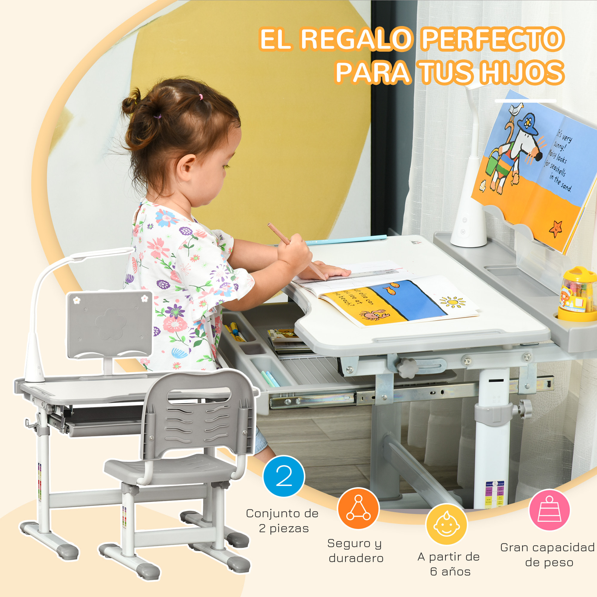 Juego de Escritorio y Silla para Niños de +6 Años Pupitre Infantil Altura Ajustable Escritorio Infantil con Mesa Inclinable Lámpara Cajón y Estante para Libros Gris