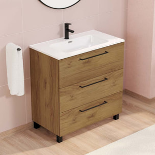 Ensemble De Salle De Bain Haru | Meuble De Salle De Bain Avec Pieds | 80 Cm Teka| 3 Tiroirs | Vasque Ceramique | N'Inclut Pas Miroir | Alday