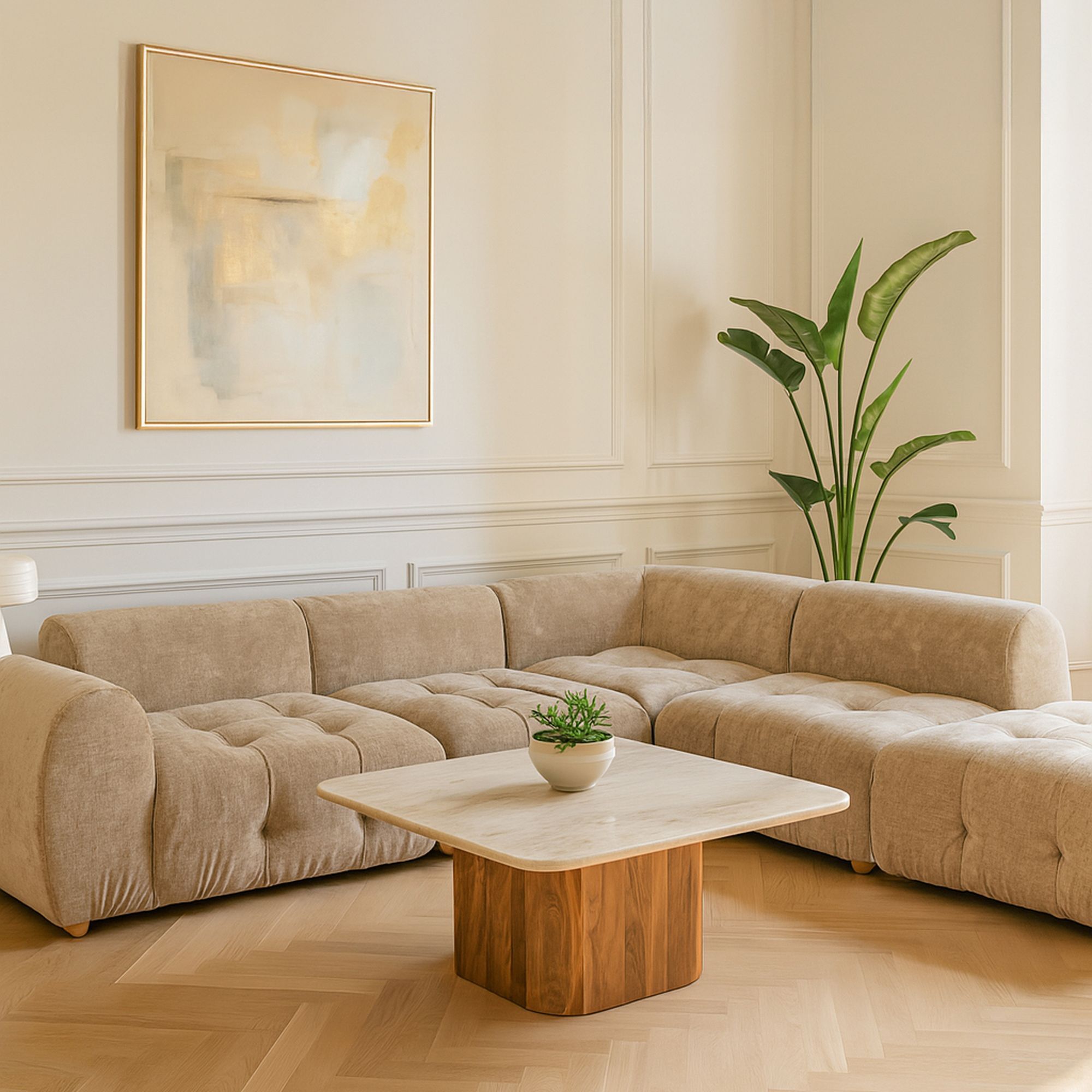 Canapé 5 places en velours beige TWIGGY