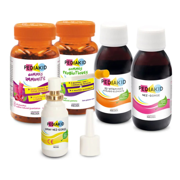 PEDIAKID - Pack Enfants Automne/Hiver - PEDIAKID Sirop Nez-Gorge + PEDIAKID 22 Vitamines & Oligo-éléments + PEDIAKID spray Nez-Gorge + PEDIAKID gommes immunité + PEDIAKID gommes P'tit Biotic