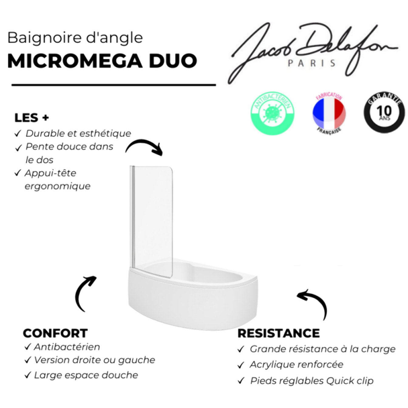 Pack baignoire d'angle 150 x 100 cm Micromega Duo version gauche  + tablier de baignoire + pare bain