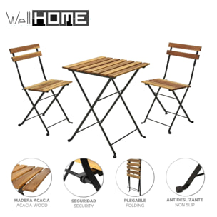 Well home - juego 'bistro' de mesa + 2 sillas en madera y marco de acero negro