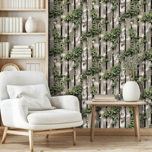Papier peint clôture bois naturel avec feuillage grimpant