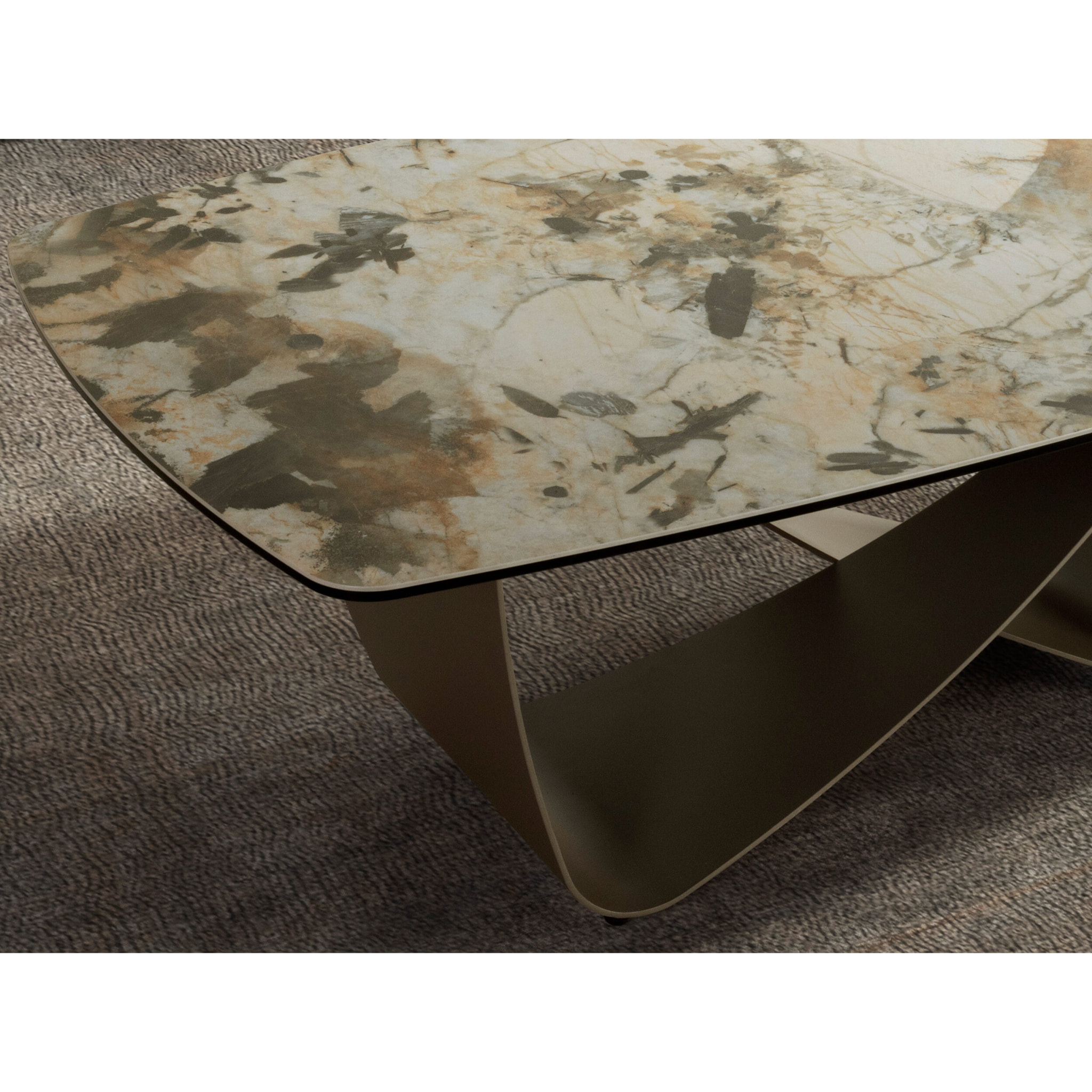 Mesa centro ovalada barril con tapa de mármol porcelánico en tonalidades tierra y grises en acabado mate y unas patas de acero inoxidable en taupé acabado metalizado 120x70x43cm