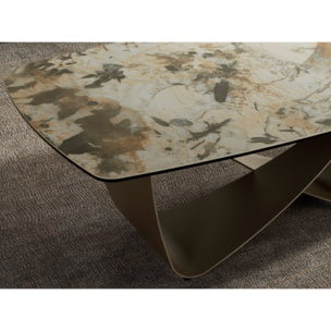 Mesa centro ovalada barril con tapa de mármol porcelánico en tonalidades tierra y grises en acabado mate y unas patas de acero inoxidable en taupé acabado metalizado 120x70x43cm