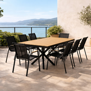 Ensemble de jardin table 190cm effet bois + 8 fauteuils SODRE