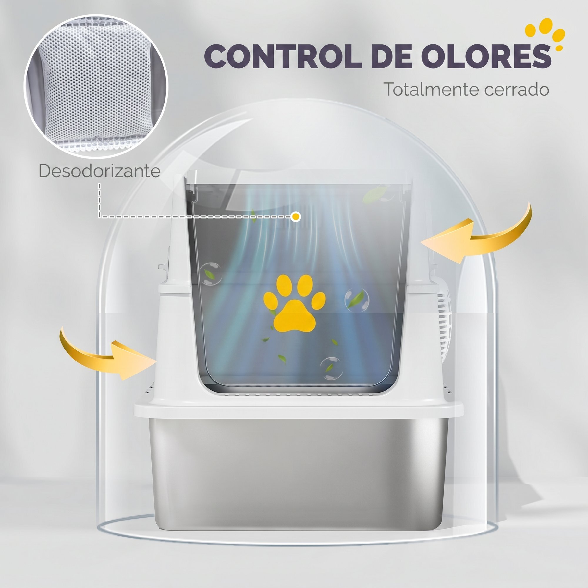 PawHut Arenero para Gatos de Acero Inoxidable XL, Caja de Arena Cerrada para Gatos Grandes, Arenero Extragrande con Tapa Abatible, Borde Alto, Pala, Fácil de Limpiar, Antifugas, Gris Claro