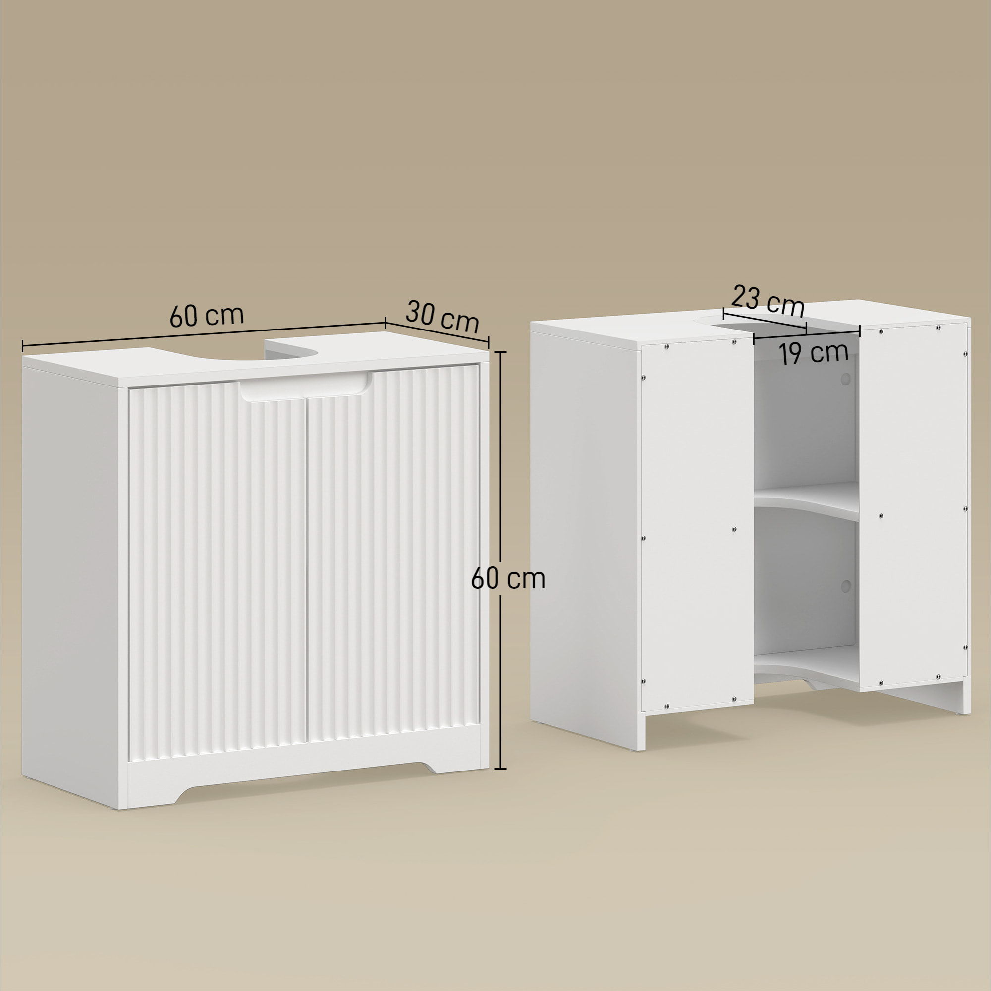 Mueble Bajo Lavabo, Mueble de Baño con Puertas de Cierre Suave y Diseño Acanalado, 2 Estantes, para Lavabo con o sin Pedestal, 60x30x60 cm, Blanco