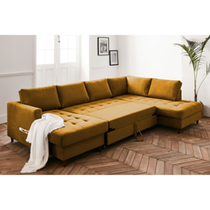 Anna - canapé panoramique d'angle droit - 7 places - convertible avec coffre - en velours - Jaune