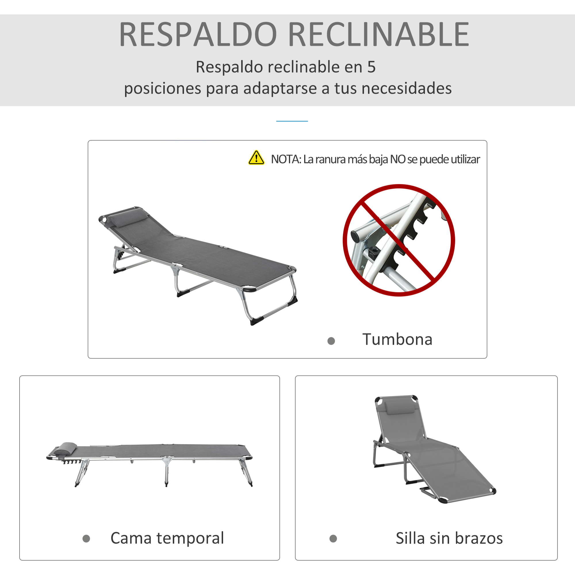 Conjunto de 2 Tumbonas Plegables de Aluminio Tumbonas de Jardín Reclinables con Reposacabezas Extraíble y Respaldo Ajustable en 4 Posiciones para Terraza Piscina Playa 165x60x76 cm Gris