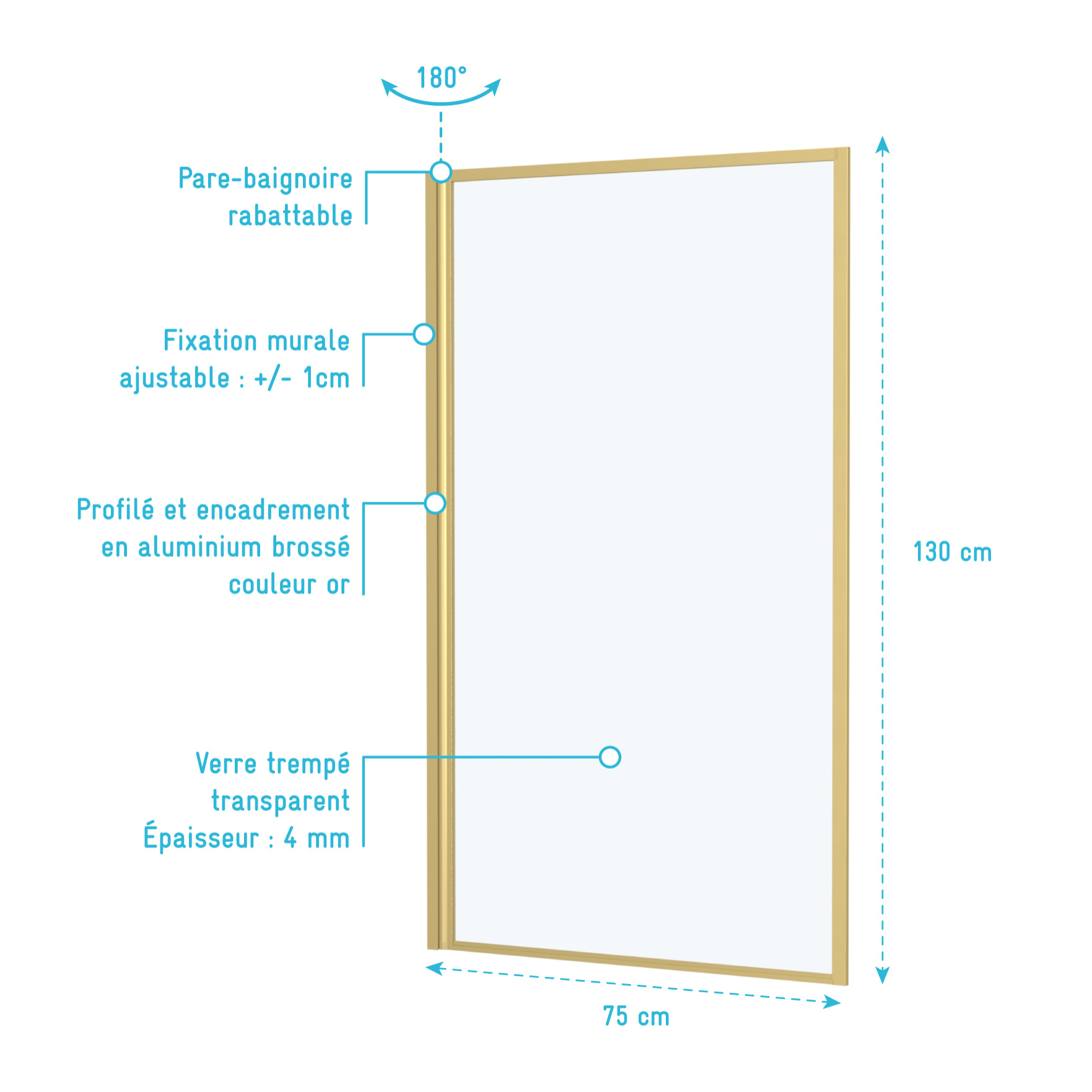 Pare baignoire rabattable 75x130cm - Finition Or Doré Brossé - GOLDY CONTOURING SCREEN