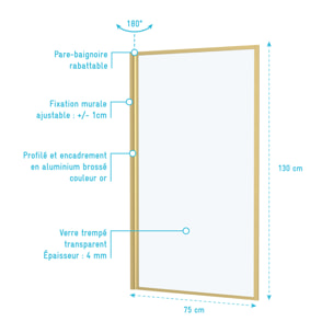 Pare baignoire rabattable 75x130cm - Finition Or Doré Brossé - GOLDY CONTOURING SCREEN