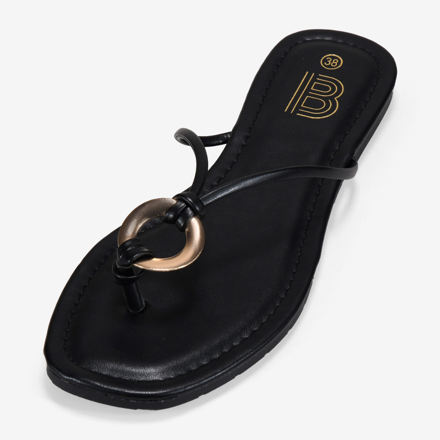 Sandalias de dedo negras planas con adorno metálico