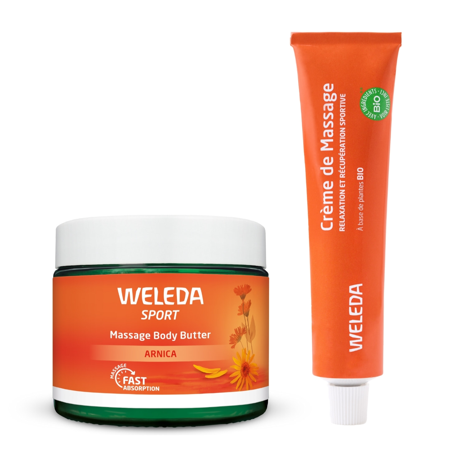 WELEDA - Baume de Massage Arnica + Crème de Massage Sport Arnica - Après l'effort - Vegan* - Certifié Natrue** - Pot en verre 150ml + Tube 70g