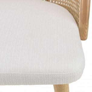 ALBANE - Chaise bois d'Hévéa assise tissu blanc dossier arrondi rotin