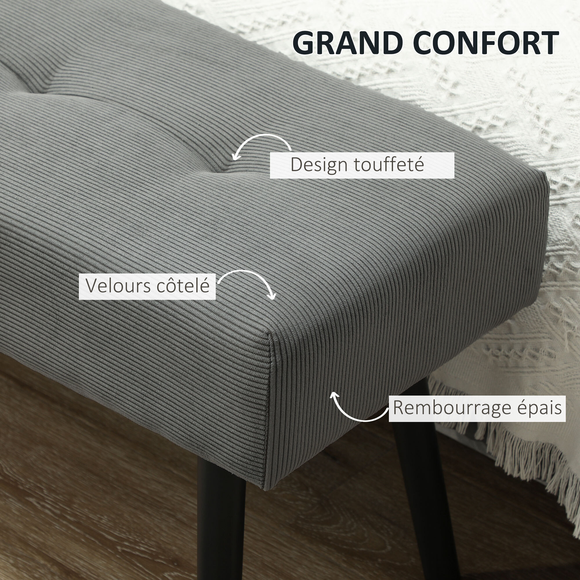 Banquette bout de lit velours côtelé design dim. 100 x 36 x 45 cm acier noir tissu gris