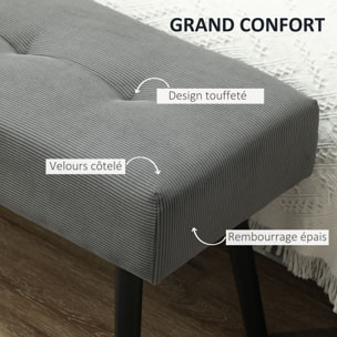 Banquette bout de lit velours côtelé design dim. 100 x 36 x 45 cm acier noir tissu gris