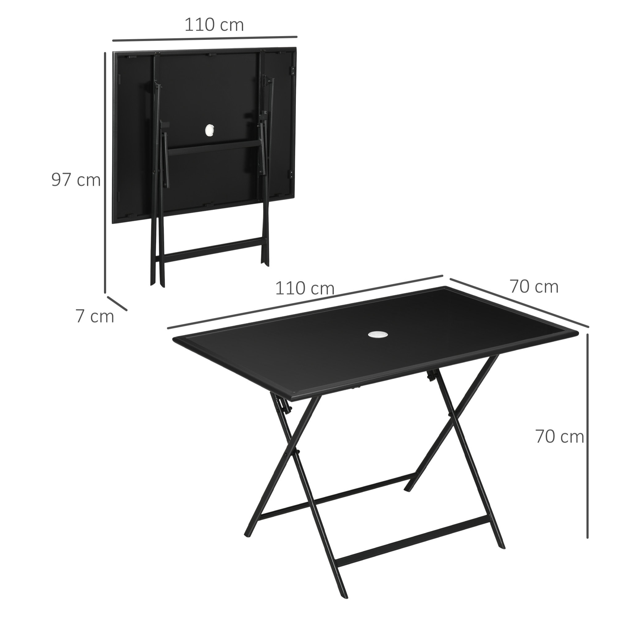 Table de jardin pliable 6 places - espace parasol - dim. 110 x 70 x 70 cm - métal époxy plateau verre trempé noir