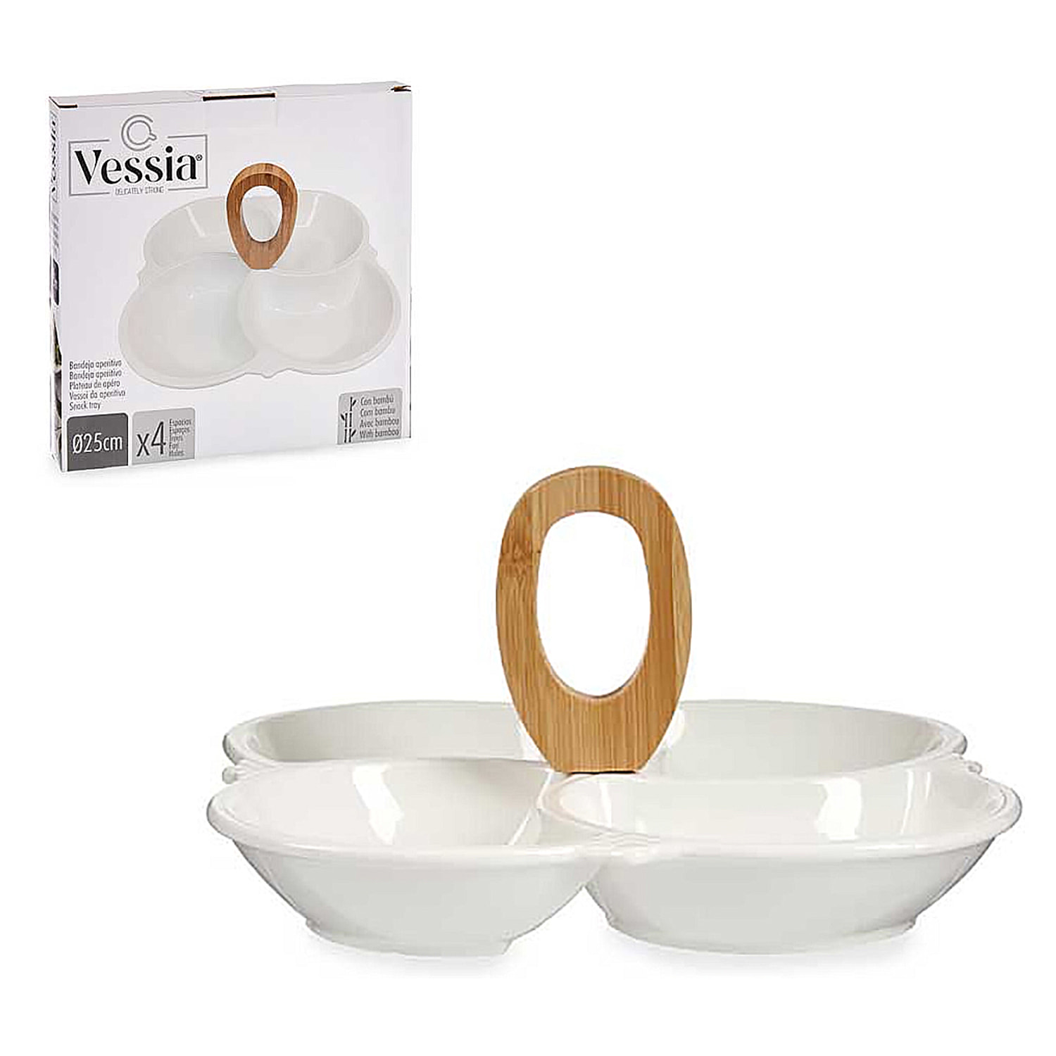 Vassoio per snack con manico in bambù.