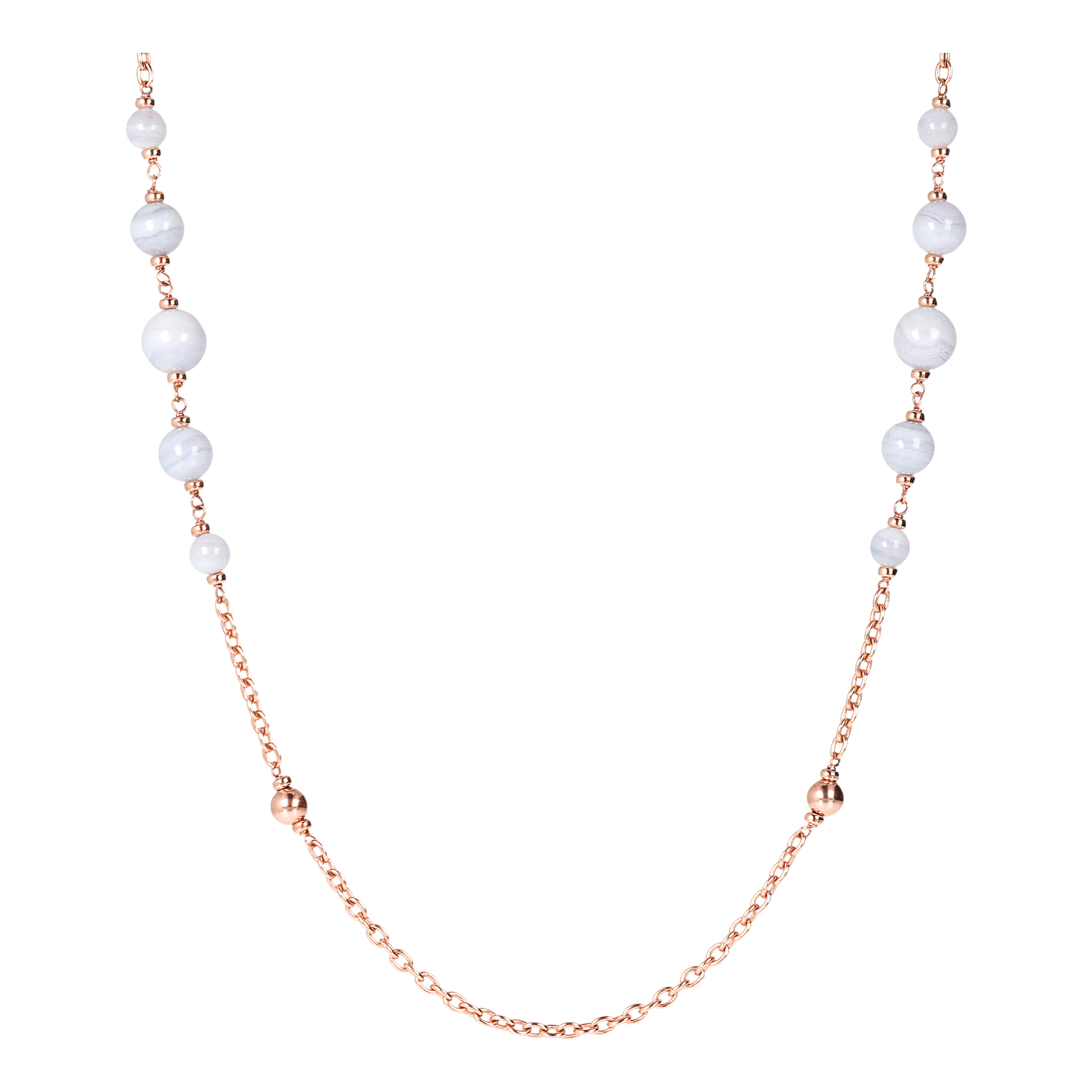 Collana Lunga con Bead Lucide e Sfere Graduate in Agata Celeste