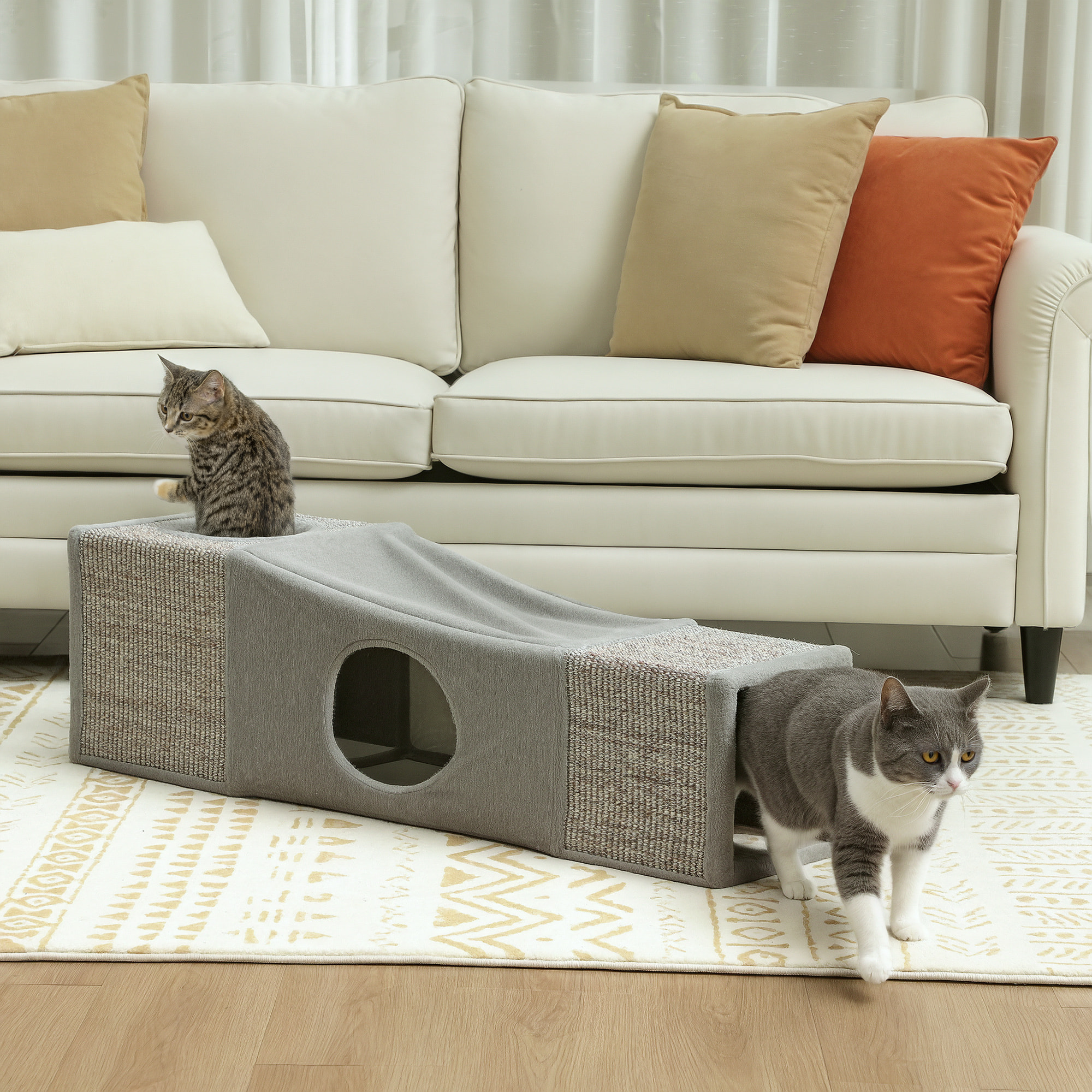 Tunnel grattoir niche modulable pour chat 3 en 1 - jeu balle suspendue - 4 entrées - peluche sisal gris